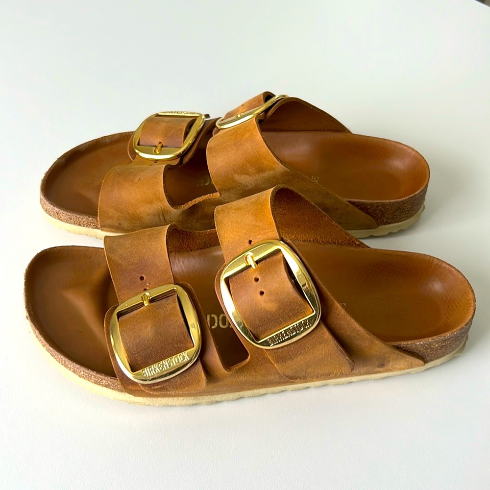 Birkenstock Arizona Big Buckle Fl Mule  - Cognac - Leather Gold Buckle 10